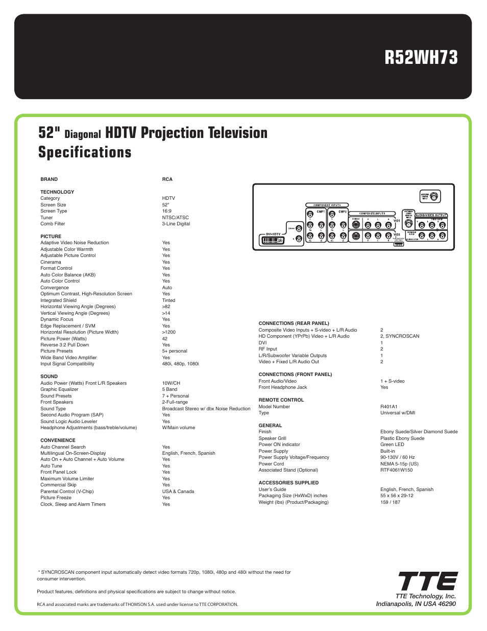 R52wh73, Hdtv projection television specifications, Diagonal | RCA R52WH73 User Manual | Page 2 / 2