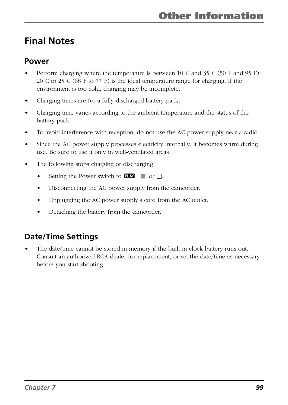 Final notes, Other information, Power | Date/time settings | RCA CC6394 User Manual | Page 101 / 128