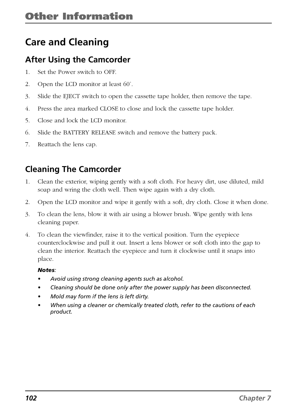 Care and cleaning, Care and maintenance, Other information | Care and cleaning care and maintenance, After using the camcorder, Cleaning the camcorder | RCA CC6394 User Manual | Page 104 / 128