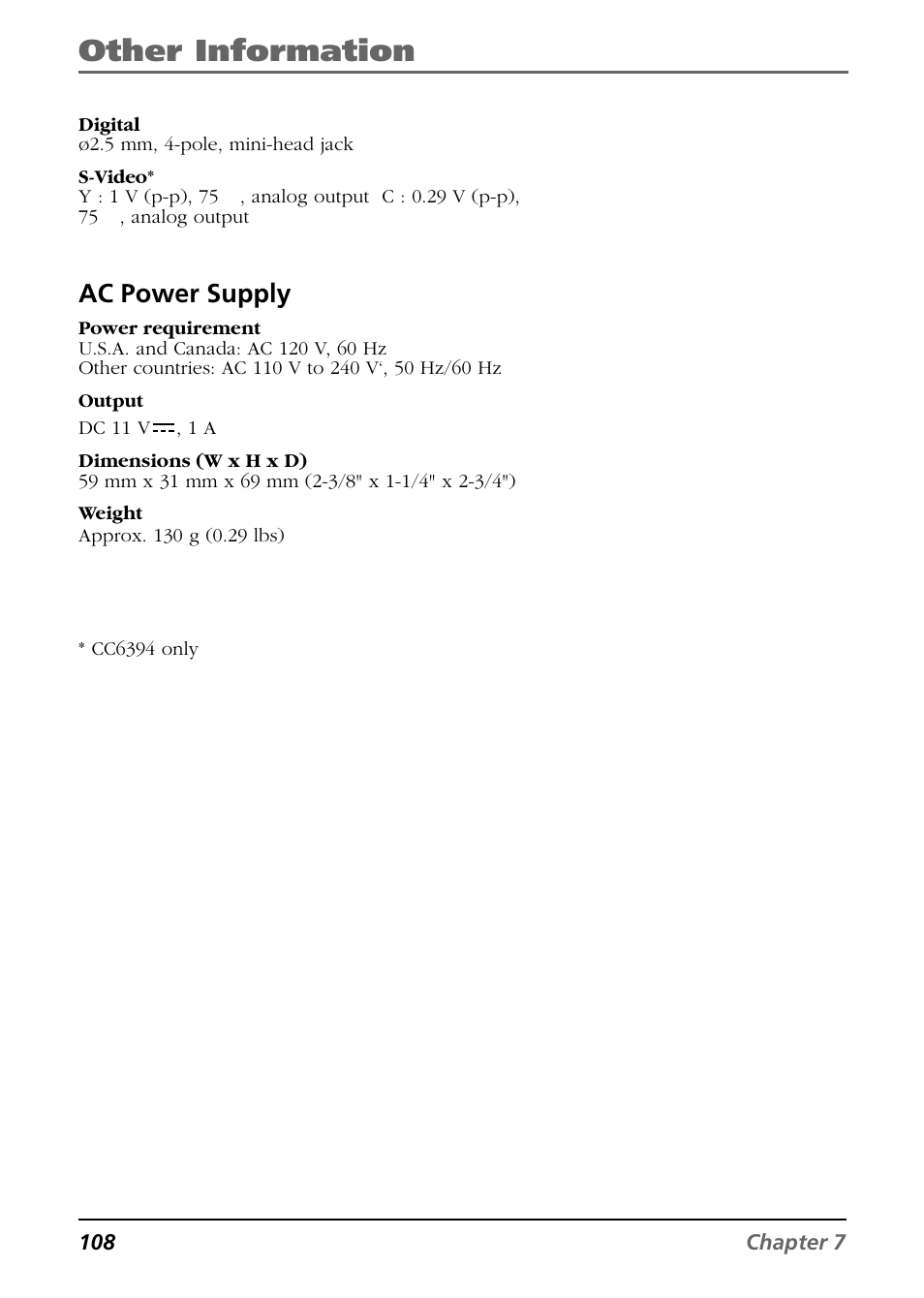 Other information, Ac power supply | RCA CC6394 User Manual | Page 110 / 128