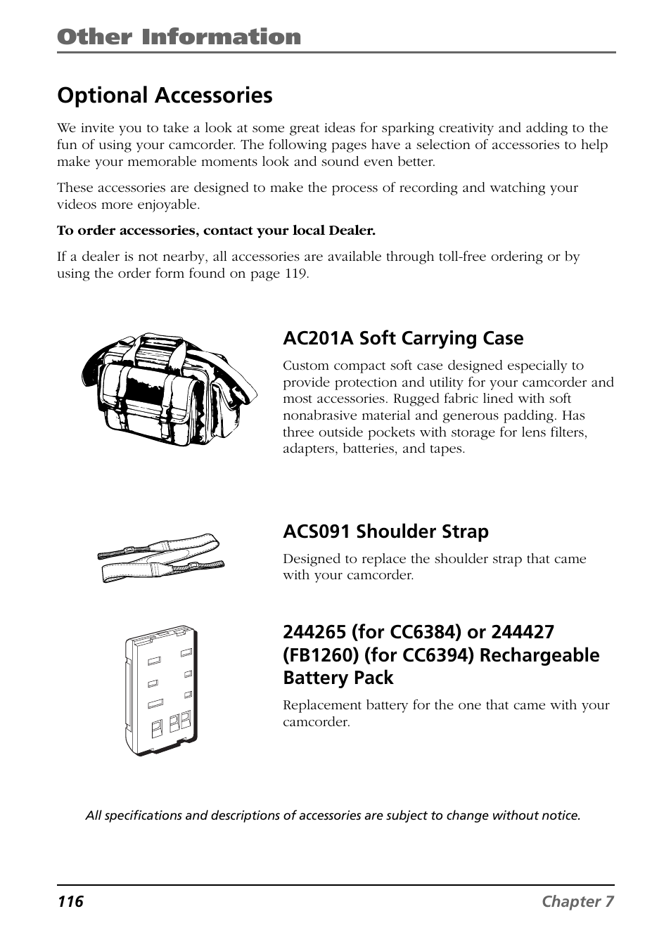 Optional accessories, Other information, Ac201a soft carrying case | Acs091 shoulder strap | RCA CC6394 User Manual | Page 118 / 128