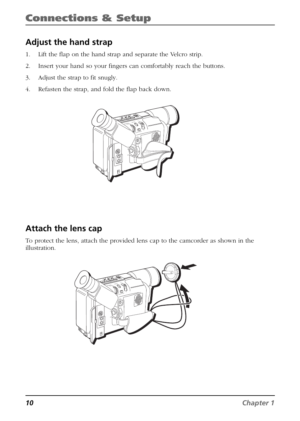 Adjust the hand strap, Attach the lens cap, Connections & setup | 10 chapter 1, St op r re ta ke f, Cou nte r r /m fad e/w ipe p. a e dig ifec t | RCA CC6394 User Manual | Page 12 / 128