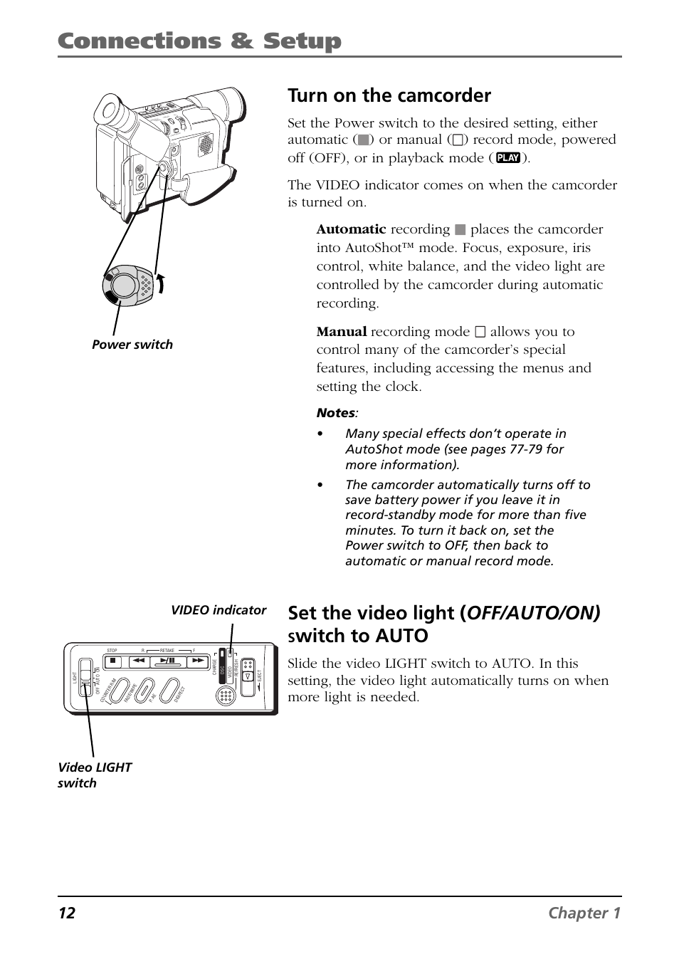 Turn on the camcorder, Set the video light (off/auto/on) switch to auto, Connections & setup | Set the video light ( off/auto/on), Witch to auto, 12 chapter 1, Or manual, Video indicator video light switch power switch | RCA CC6394 User Manual | Page 14 / 128