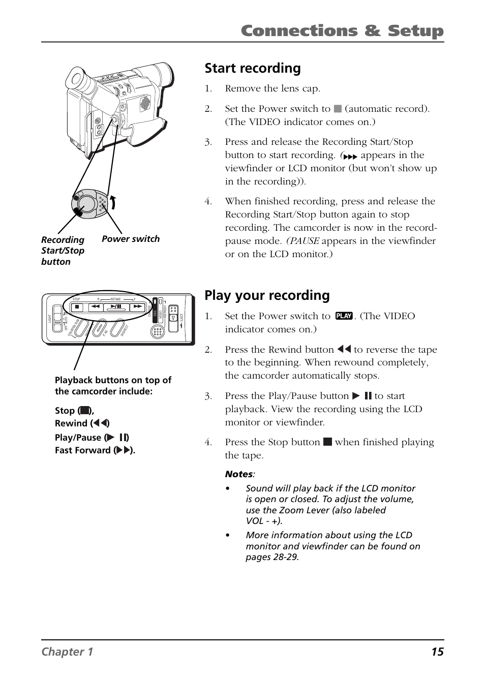 Start recording, Play your recording, Connections & setup | Chapter 1 15, Remove the lens cap. 2. set the power switch to, Fast forward ( ), Power switch | RCA CC6394 User Manual | Page 17 / 128
