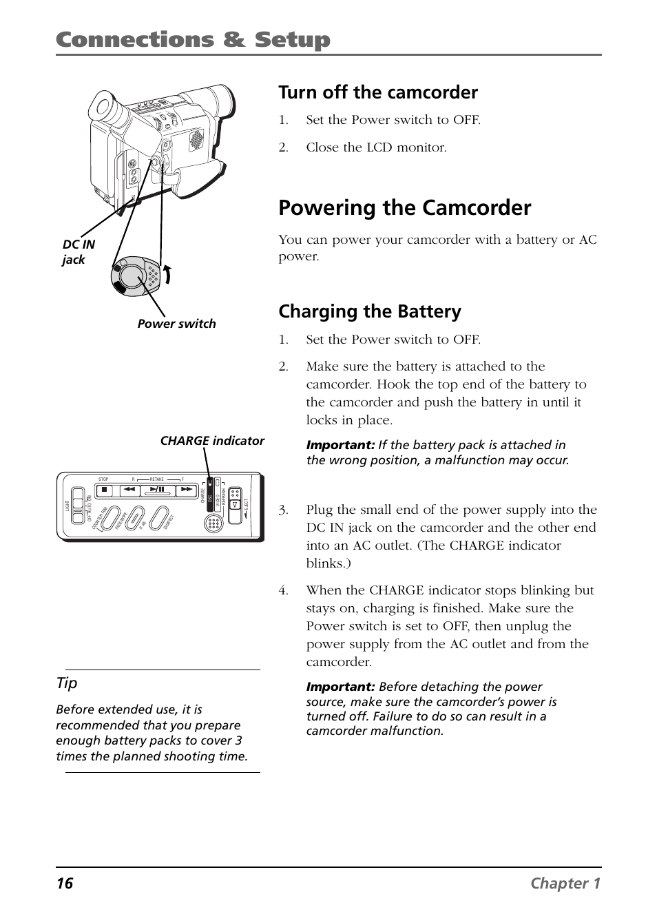 Turn off the camcorder, Powering the camcorder, Charging the battery | Connections & setup, 16 chapter 1, Charge indicator | RCA CC6394 User Manual | Page 18 / 128