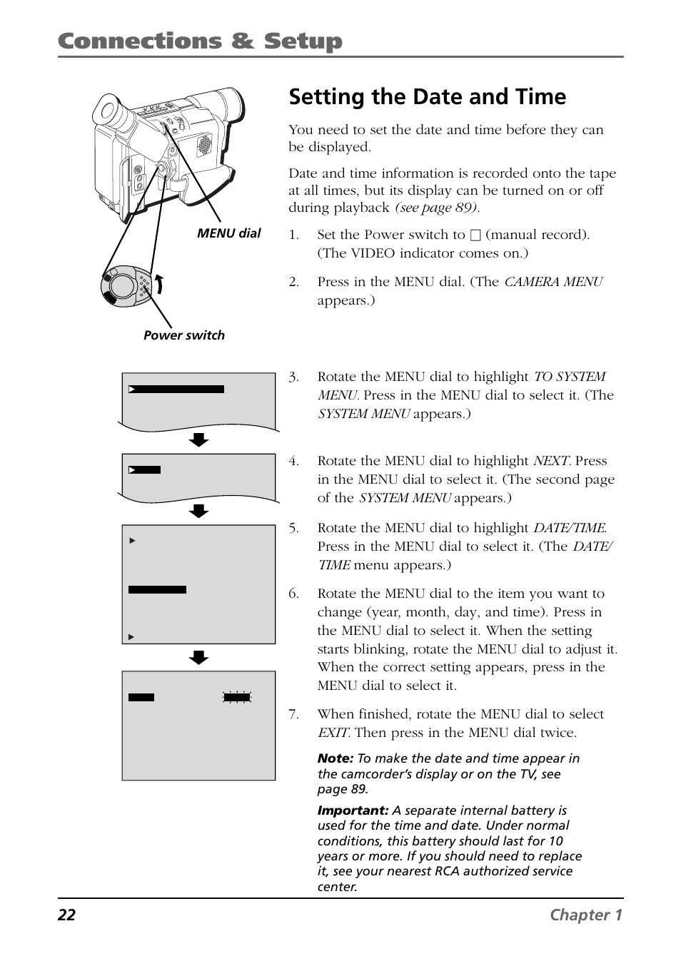 Setting the date and time, Connections & setup setting the date and time, 22 chapter 1 | Menu dial | RCA CC6394 User Manual | Page 24 / 128