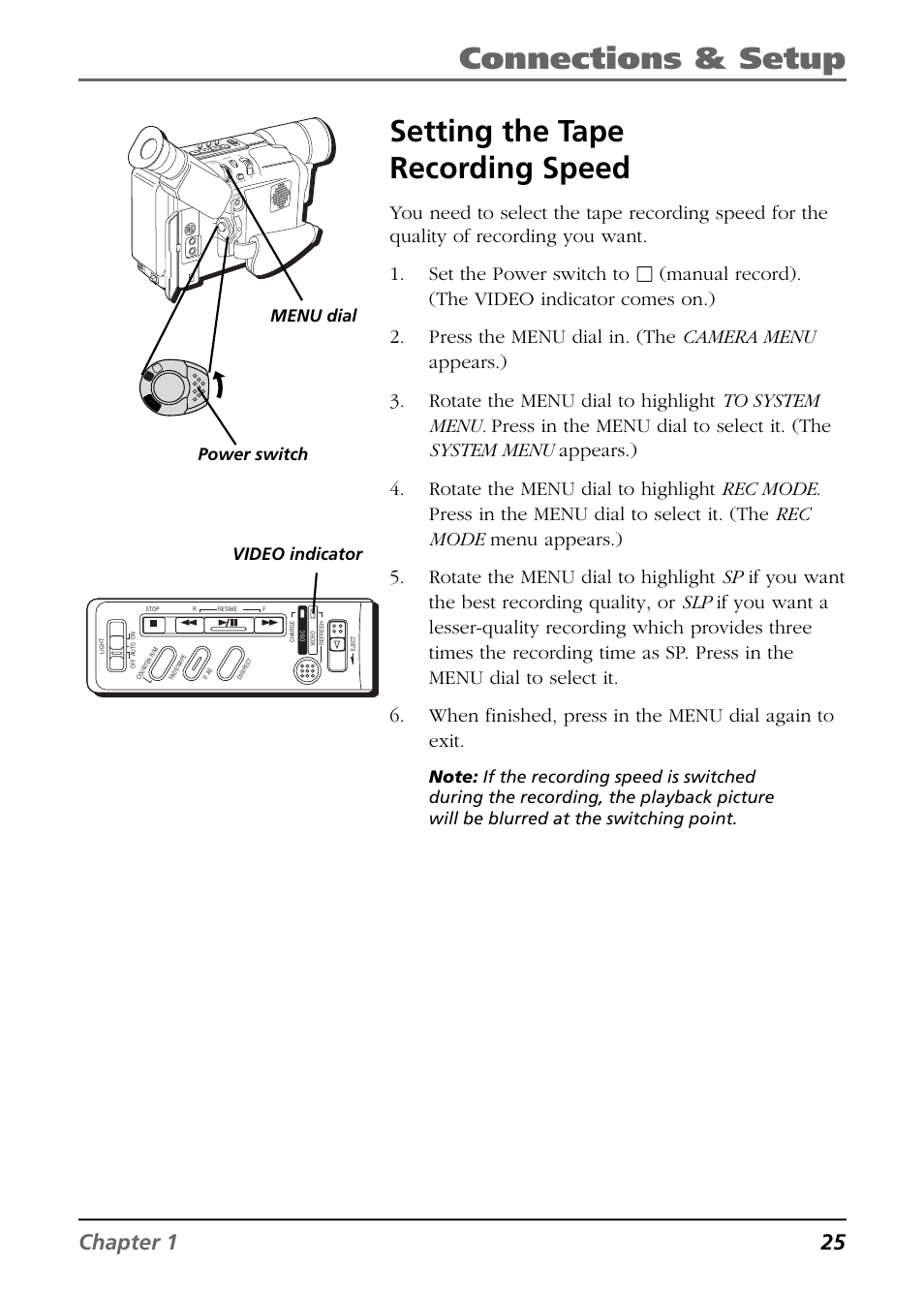 Setting the tape recording speed, Connections & setup, Chapter 1 25 | Menu dial, Video indicator | RCA CC6394 User Manual | Page 27 / 128