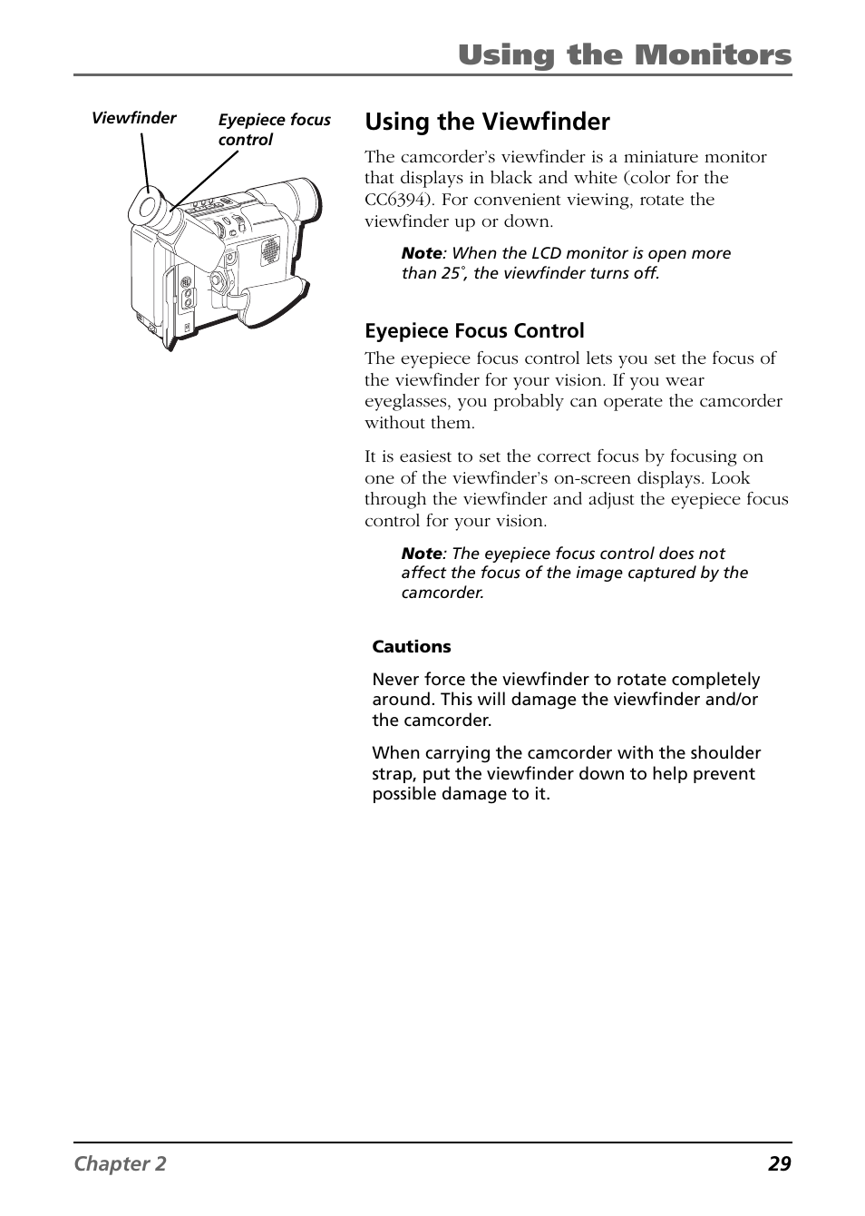 Using the viewfinder, Using the monitors, Chapter 2 29 | Eyepiece focus control, Viewfinder eyepiece focus control | RCA CC6394 User Manual | Page 31 / 128