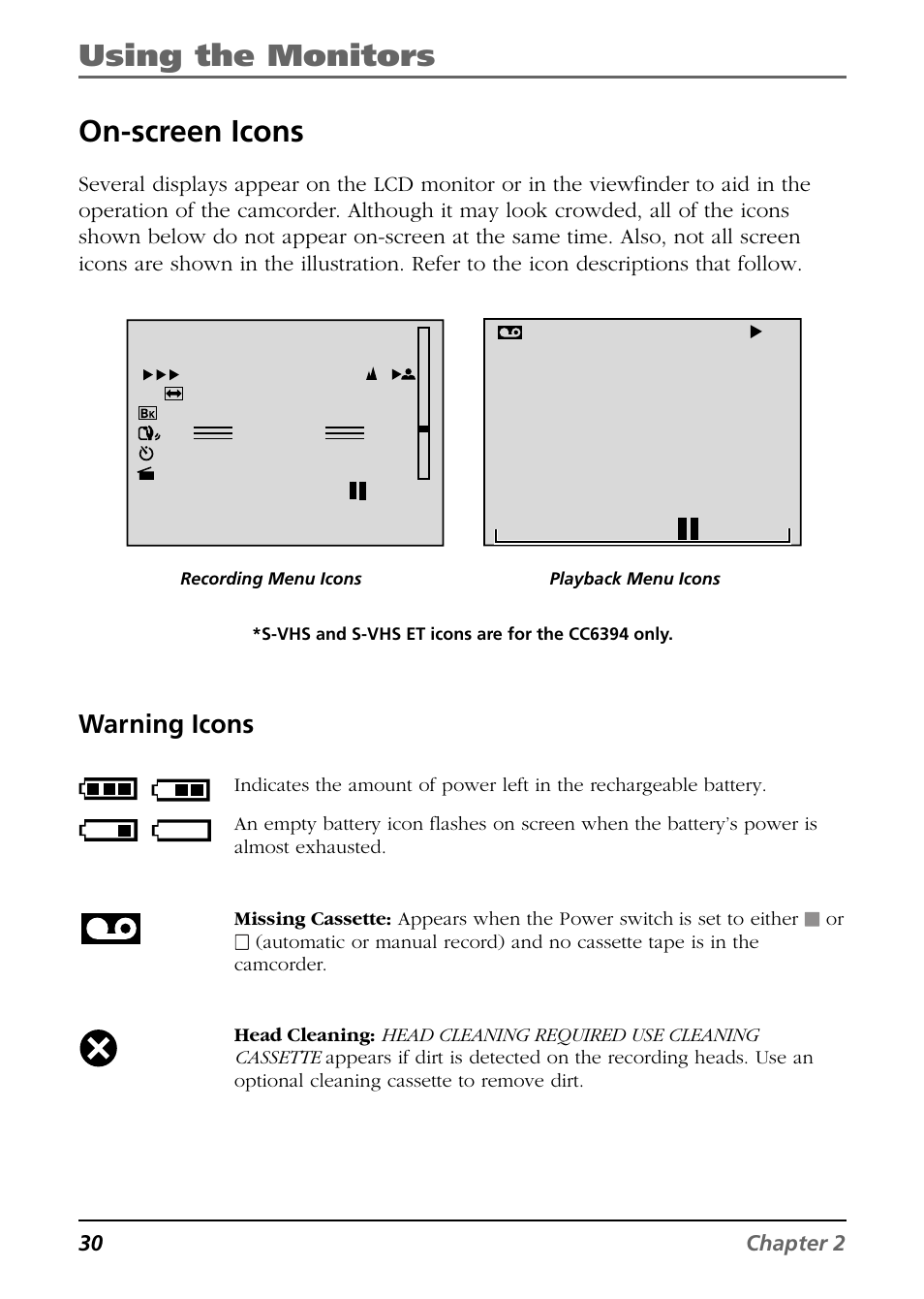 On-screen icons, Warning icons, Using the monitors | RCA CC6394 User Manual | Page 32 / 128