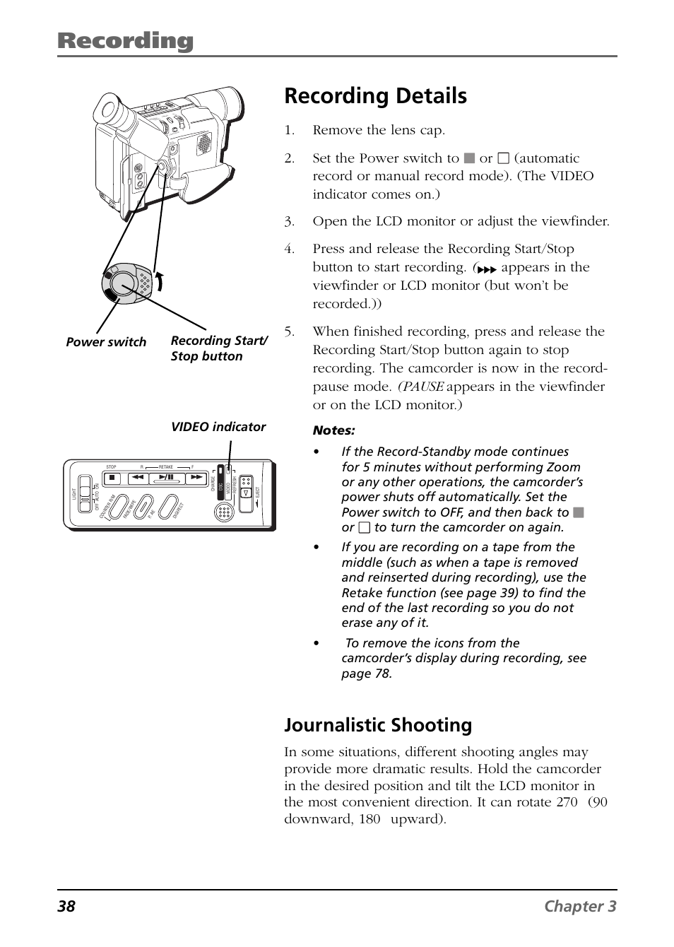 Recording details, Journalistic shooting, Recording | 38 chapter 3, Remove the lens cap. 2. set the power switch to, Video indicator power switch, Recording start/ stop button | RCA CC6394 User Manual | Page 40 / 128