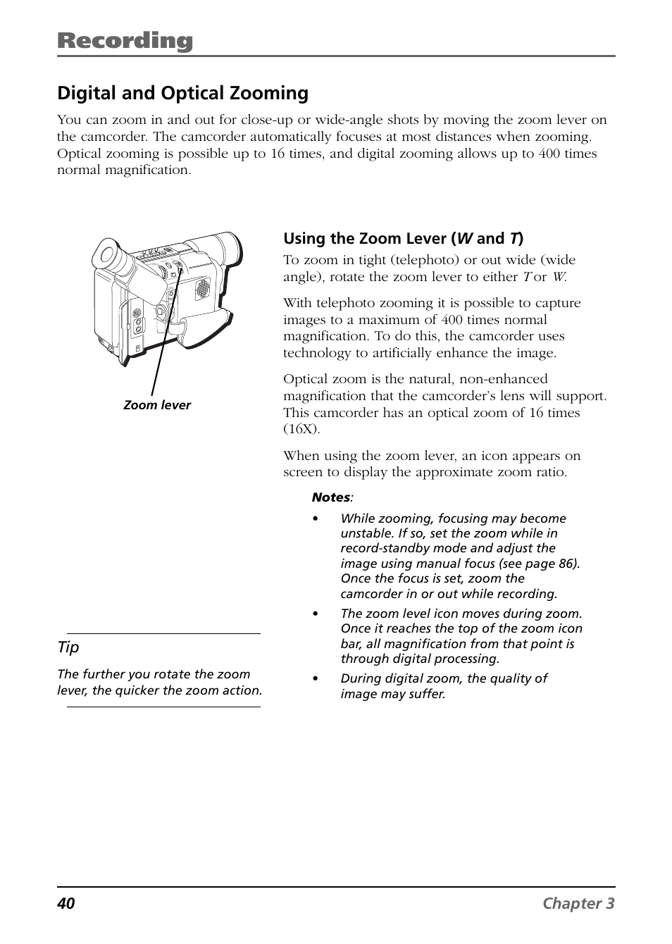 Digital and optical zooming, Recording, 40 chapter 3 | Using the zoom lever ( w and t ), Zoom lever | RCA CC6394 User Manual | Page 42 / 128