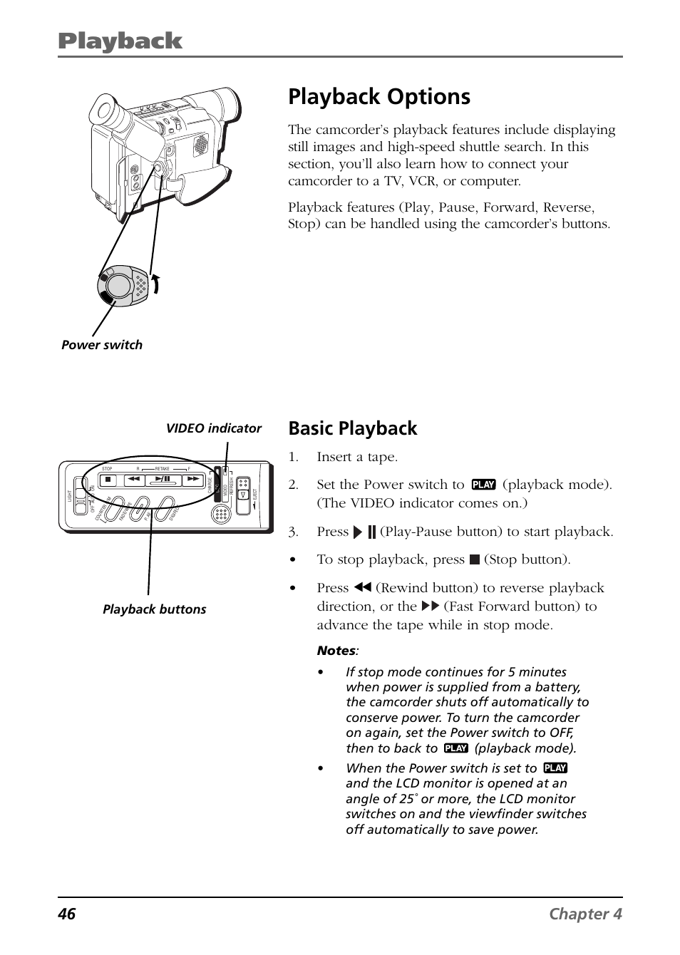 Playback options, Basic playback, Playback | 46 chapter 4, Video indicator power switch, Playback buttons | RCA CC6394 User Manual | Page 48 / 128