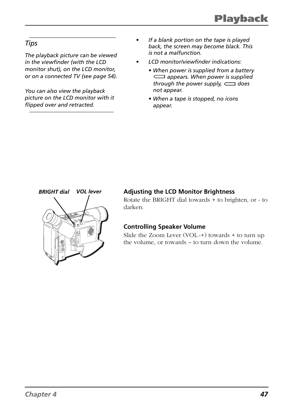 Playback, Chapter 4 47, Tips | Bright dial vol lever | RCA CC6394 User Manual | Page 49 / 128