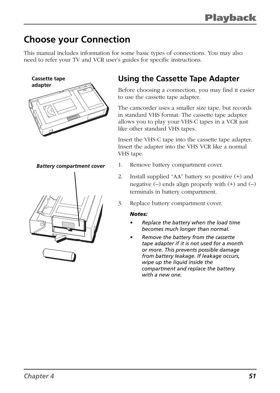 Choose your connection, Using the cassette tape adapter, Playback | RCA CC6394 User Manual | Page 53 / 128