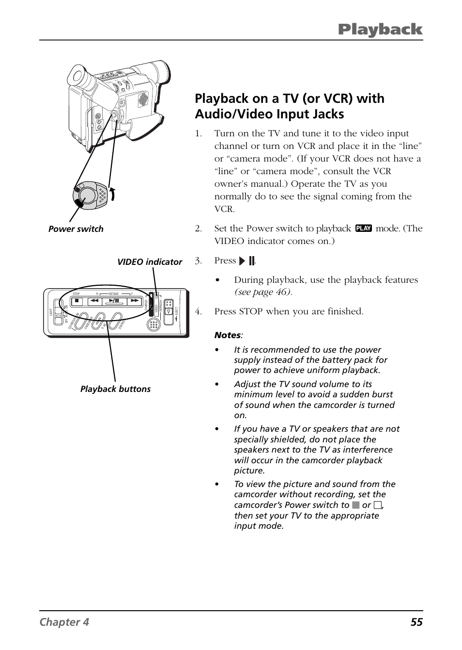 Playback, Chapter 4 55, Playback buttons video indicator | RCA CC6394 User Manual | Page 57 / 128