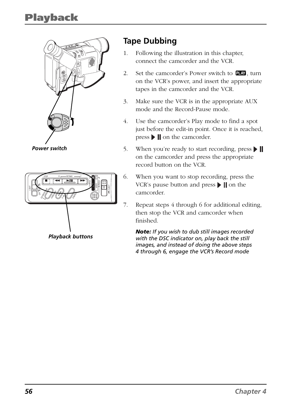 Tape dubbing, Playback, 56 chapter 4 | Playback buttons power switch | RCA CC6394 User Manual | Page 58 / 128