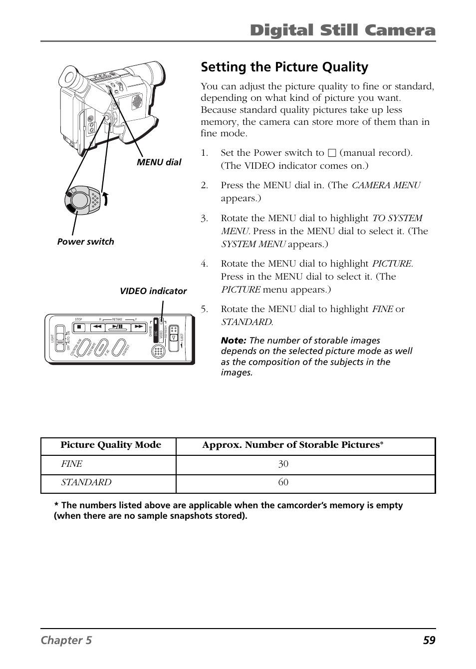 Setting the picture quality, Digital still camera, Chapter 5 59 | Video indicator power switch, Menu dial | RCA CC6394 User Manual | Page 61 / 128