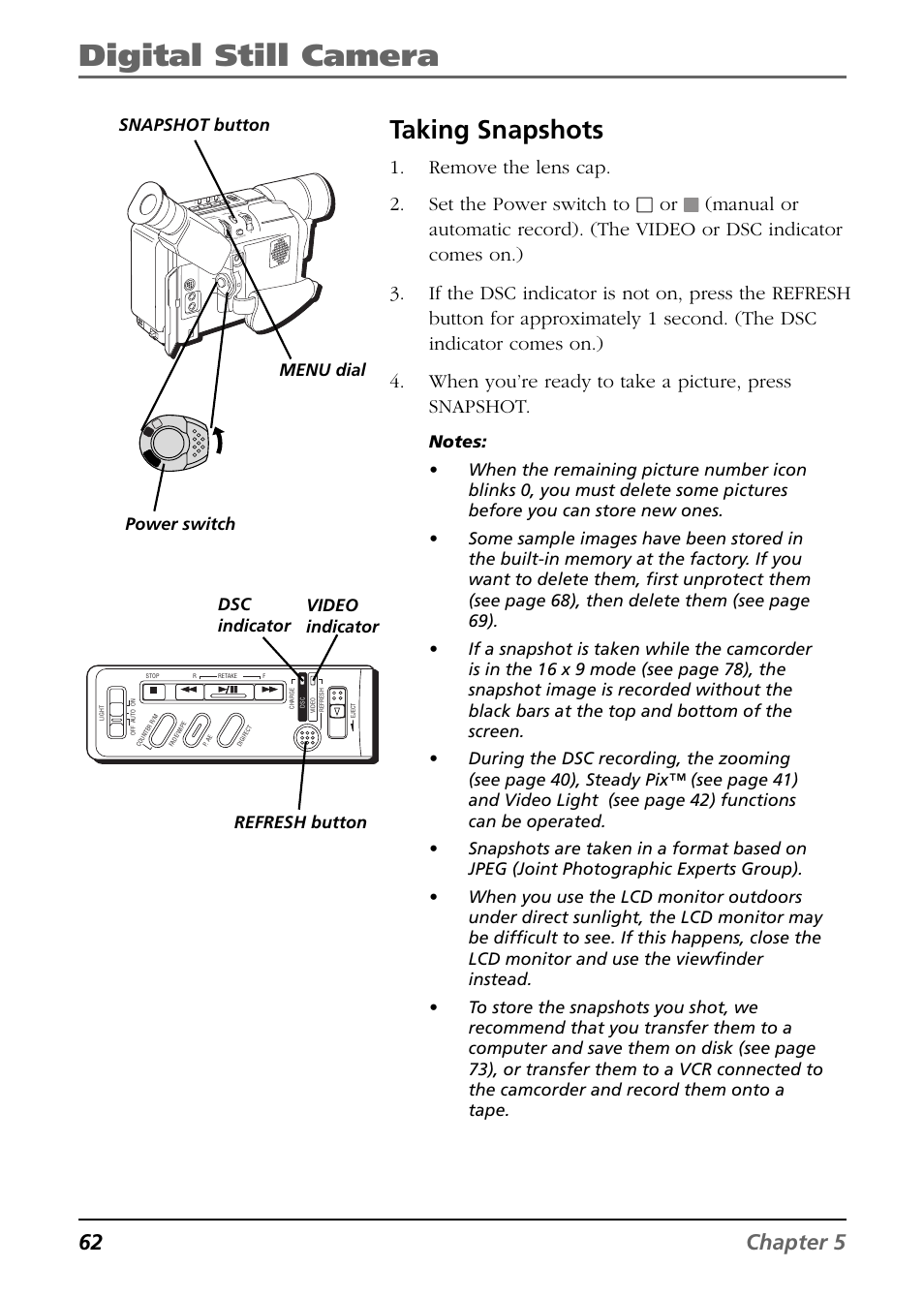 Taking snapshots, Digital still camera, 62 chapter 5 | Remove the lens cap. 2. set the power switch to, Video indicator power switch | RCA CC6394 User Manual | Page 64 / 128