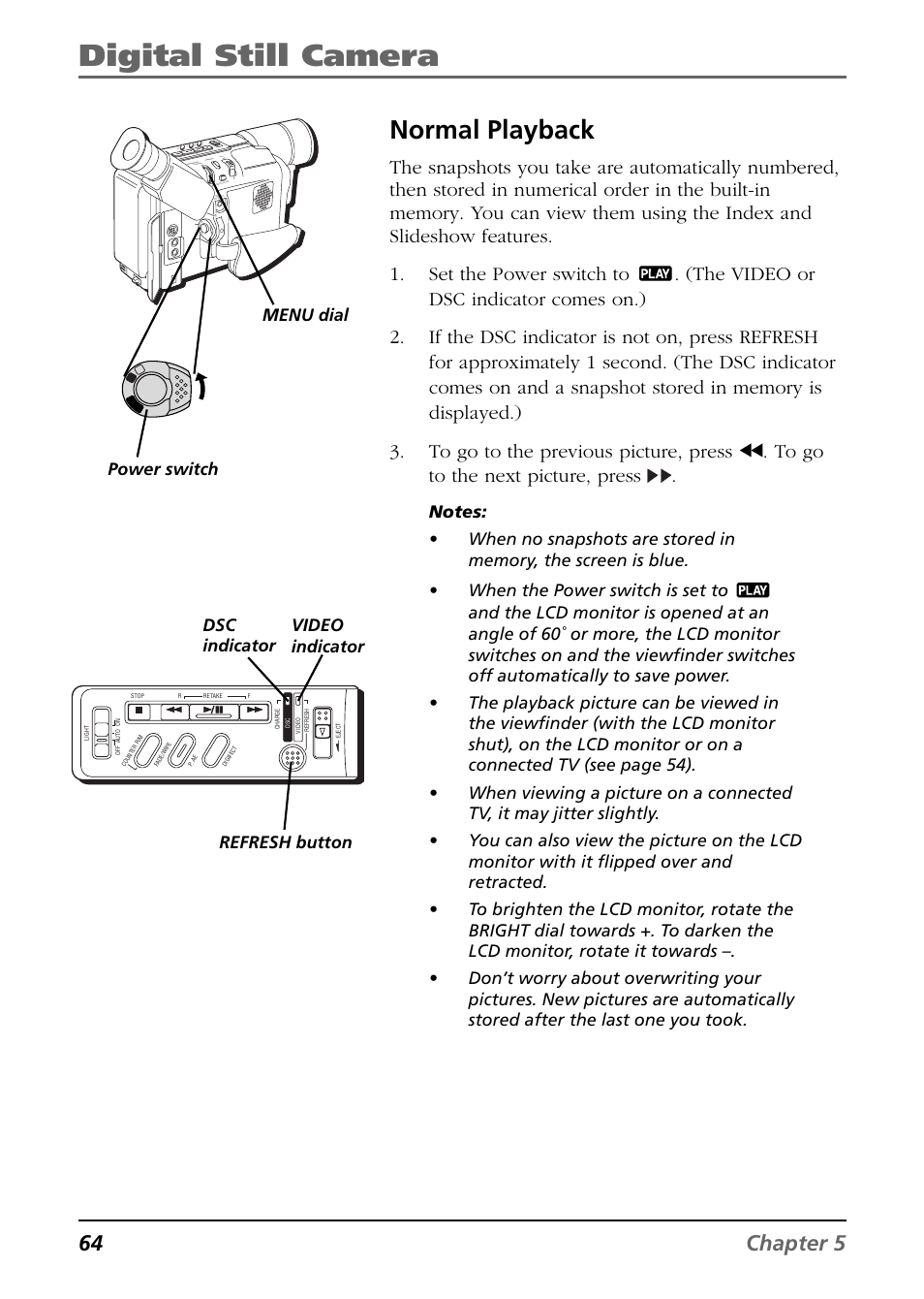 Normal playback, Digital still camera, 64 chapter 5 | Video indicator power switch, Menu dial refresh button dsc indicator | RCA CC6394 User Manual | Page 66 / 128