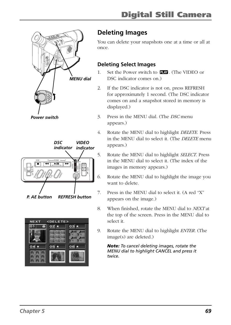 Deleting images, Digital still camera, Chapter 5 69 | Deleting select images, Video indicator power switch | RCA CC6394 User Manual | Page 71 / 128