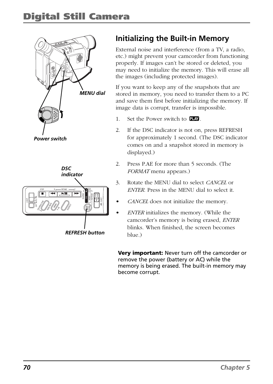 Initializing the built-in memory, Digital still camera, 70 chapter 5 | Power switch, Menu dial dsc indicator refresh button | RCA CC6394 User Manual | Page 72 / 128