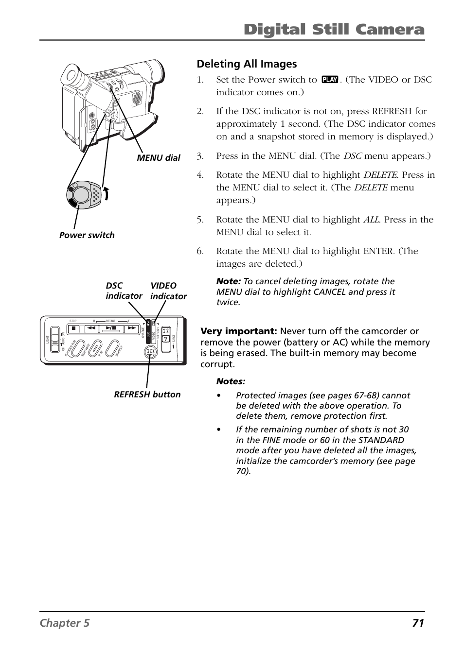 Digital still camera, Chapter 5 71 deleting all images, Video indicator power switch | Menu dial refresh button dsc indicator | RCA CC6394 User Manual | Page 73 / 128