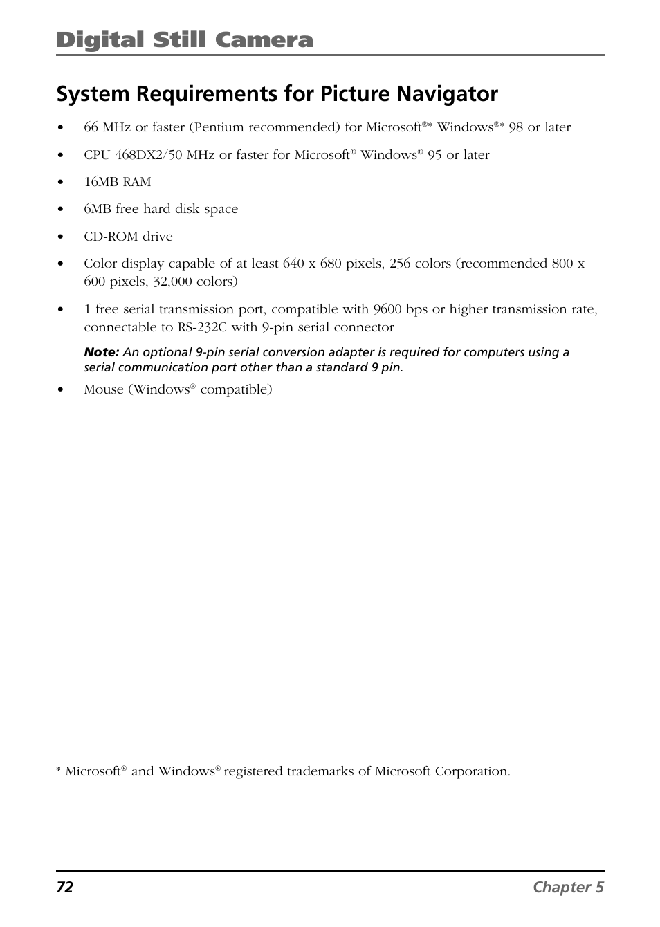 System requirements for picture navigator, Digital still camera | RCA CC6394 User Manual | Page 74 / 128