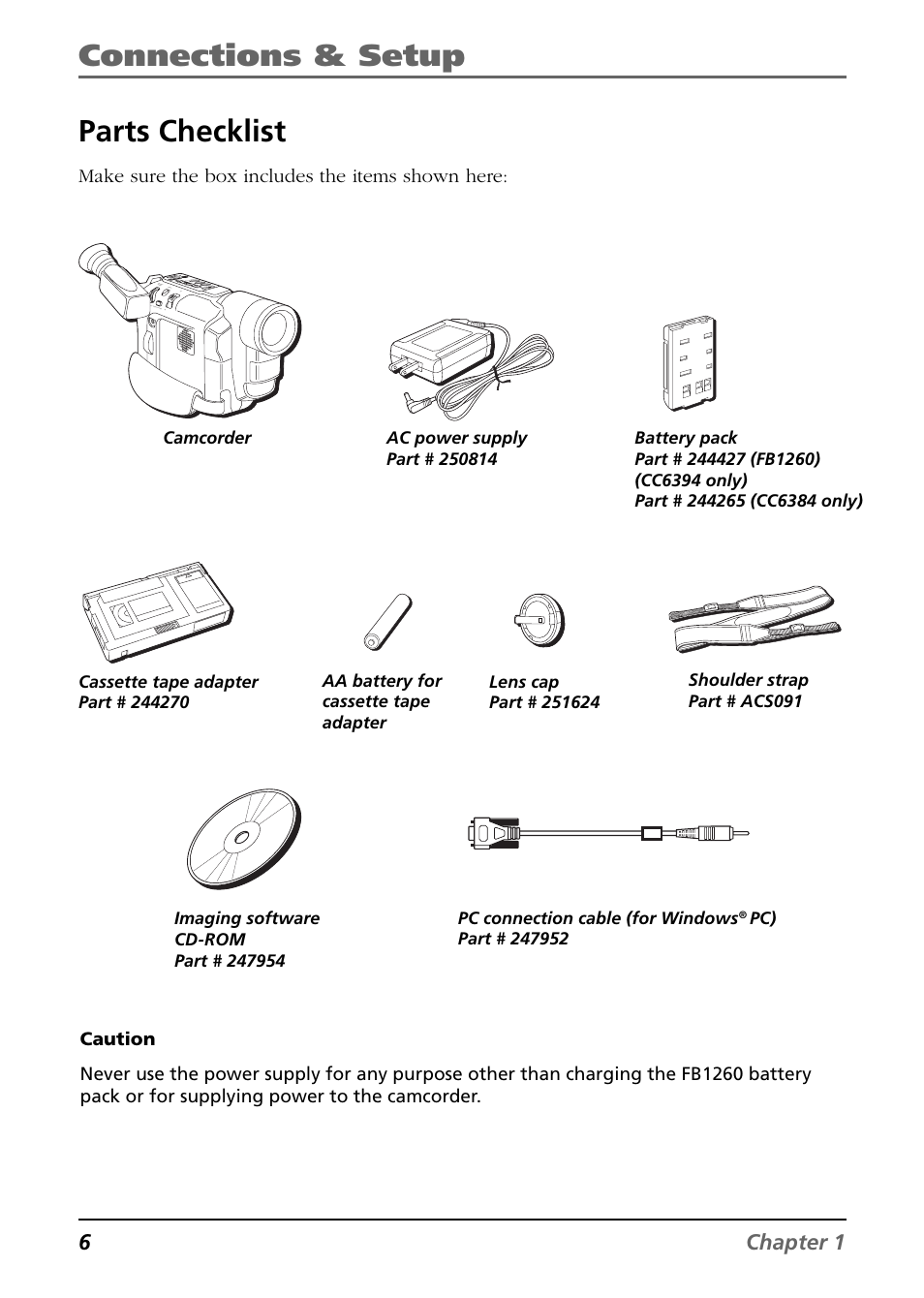 Parts checklist, Connections & setup, 6chapter 1 | Make sure the box includes the items shown here | RCA CC6394 User Manual | Page 8 / 128