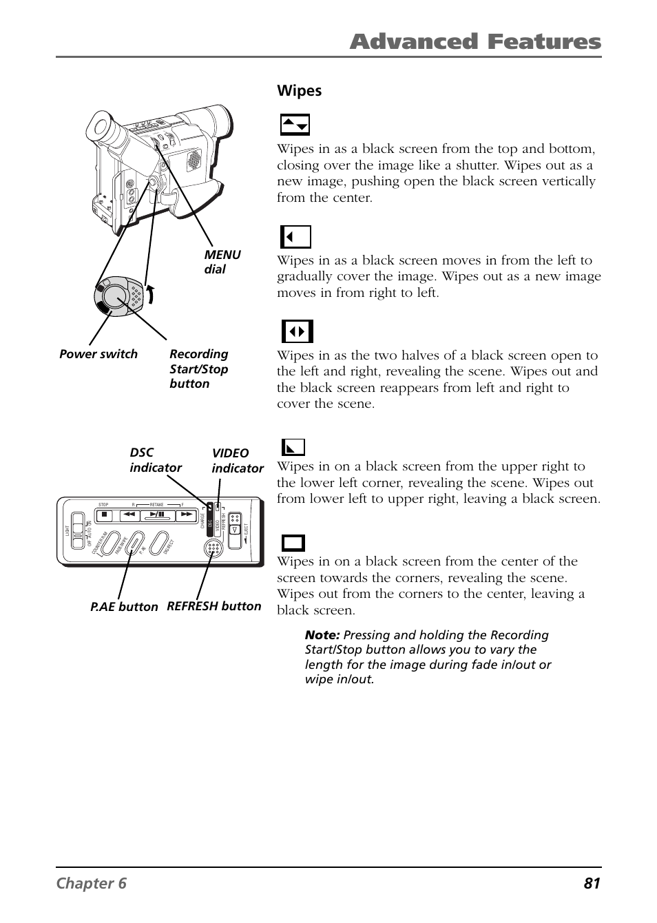 Advanced features, Shutter, Slide | Door, Corner, Window, Chapter 6 81 wipes, Video indicator power switch | RCA CC6394 User Manual | Page 83 / 128