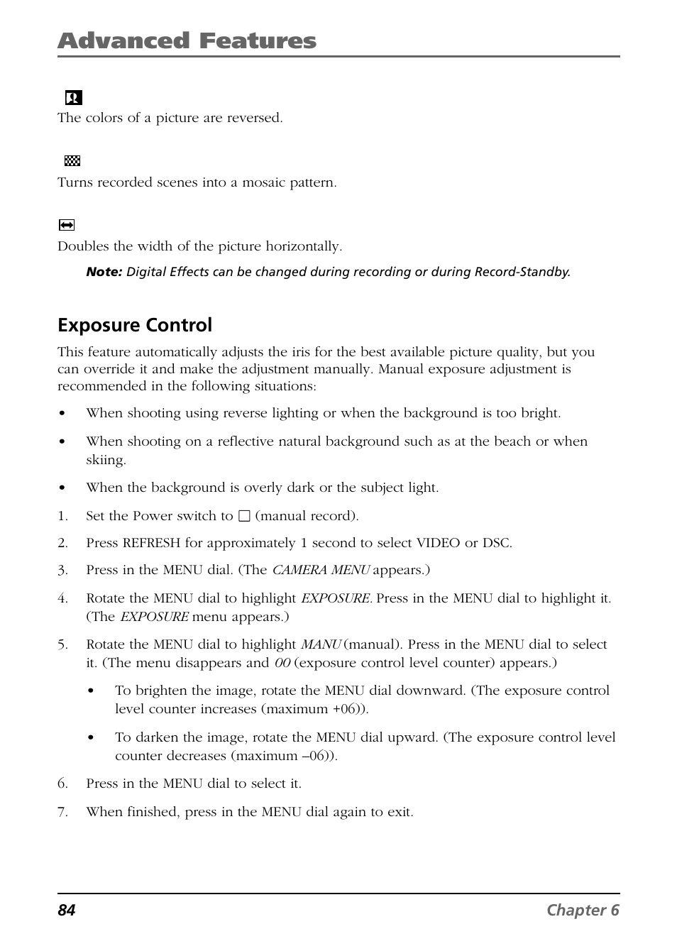 Exposure control, Advanced features | RCA CC6394 User Manual | Page 86 / 128