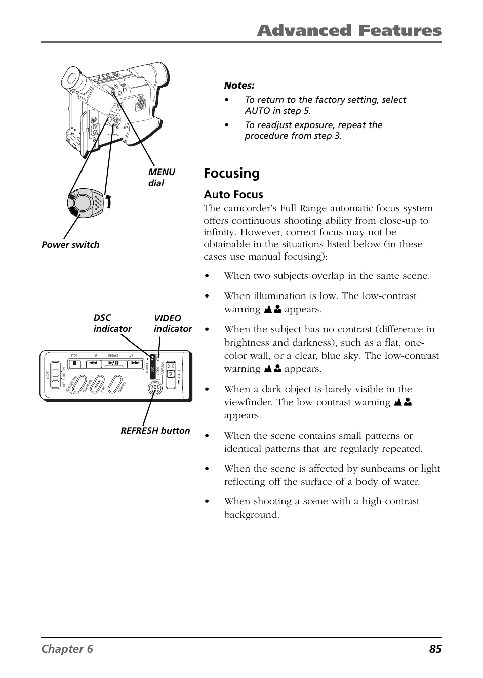 Focusing, Advanced features, Chapter 6 85 | Auto focus, Video indicator power switch, Dsc indicator menu dial refresh button | RCA CC6394 User Manual | Page 87 / 128