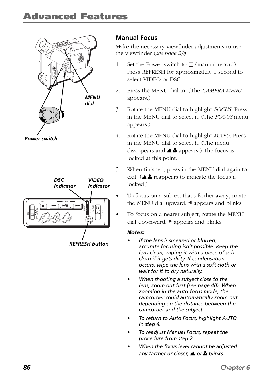 Advanced features, 86 chapter 6 manual focus, Video indicator power switch | Dsc indicator menu dial refresh button | RCA CC6394 User Manual | Page 88 / 128