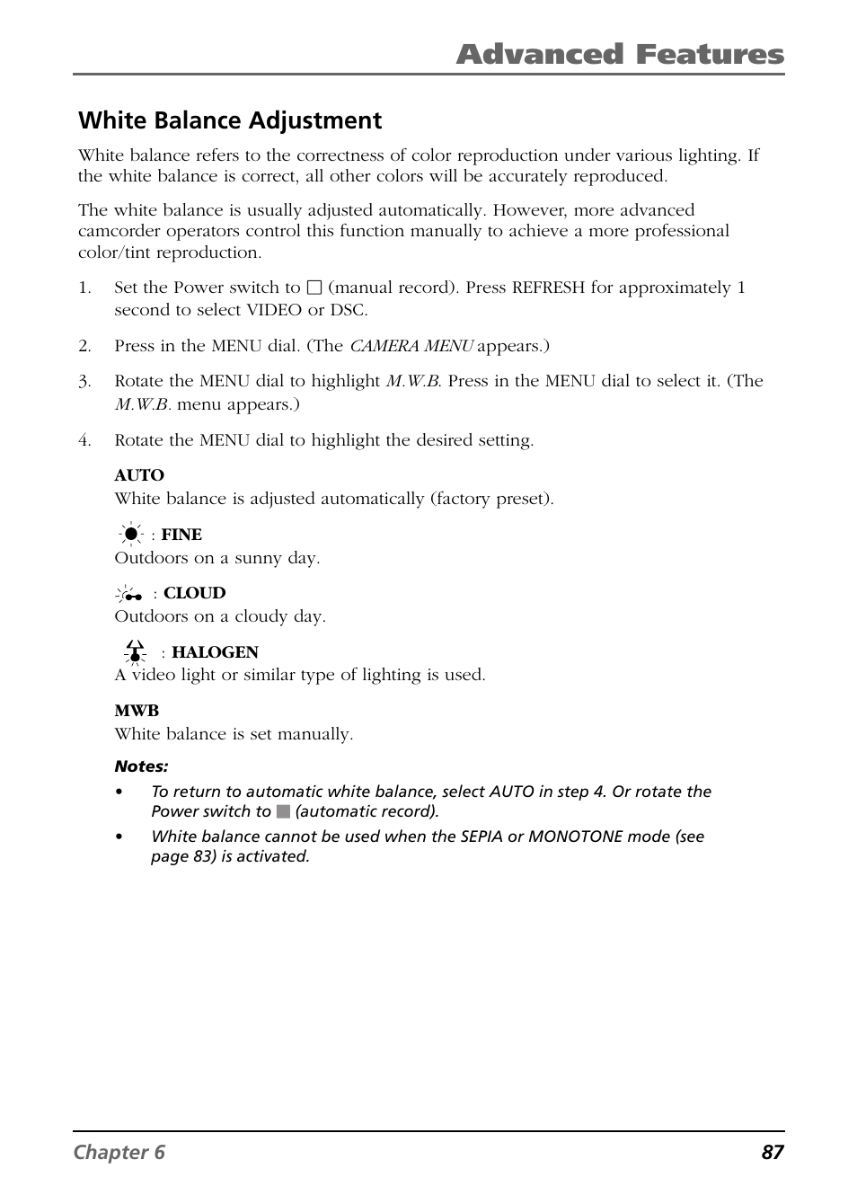 White balance adjustment, Advanced features | RCA CC6394 User Manual | Page 89 / 128