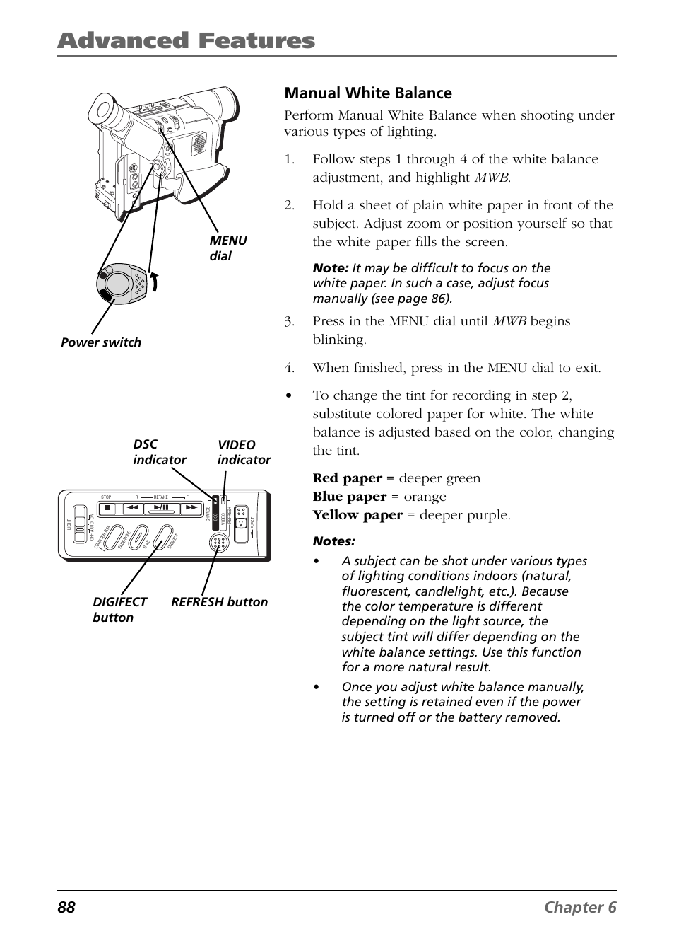 Advanced features, 88 chapter 6 manual white balance, Video indicator power switch | RCA CC6394 User Manual | Page 90 / 128