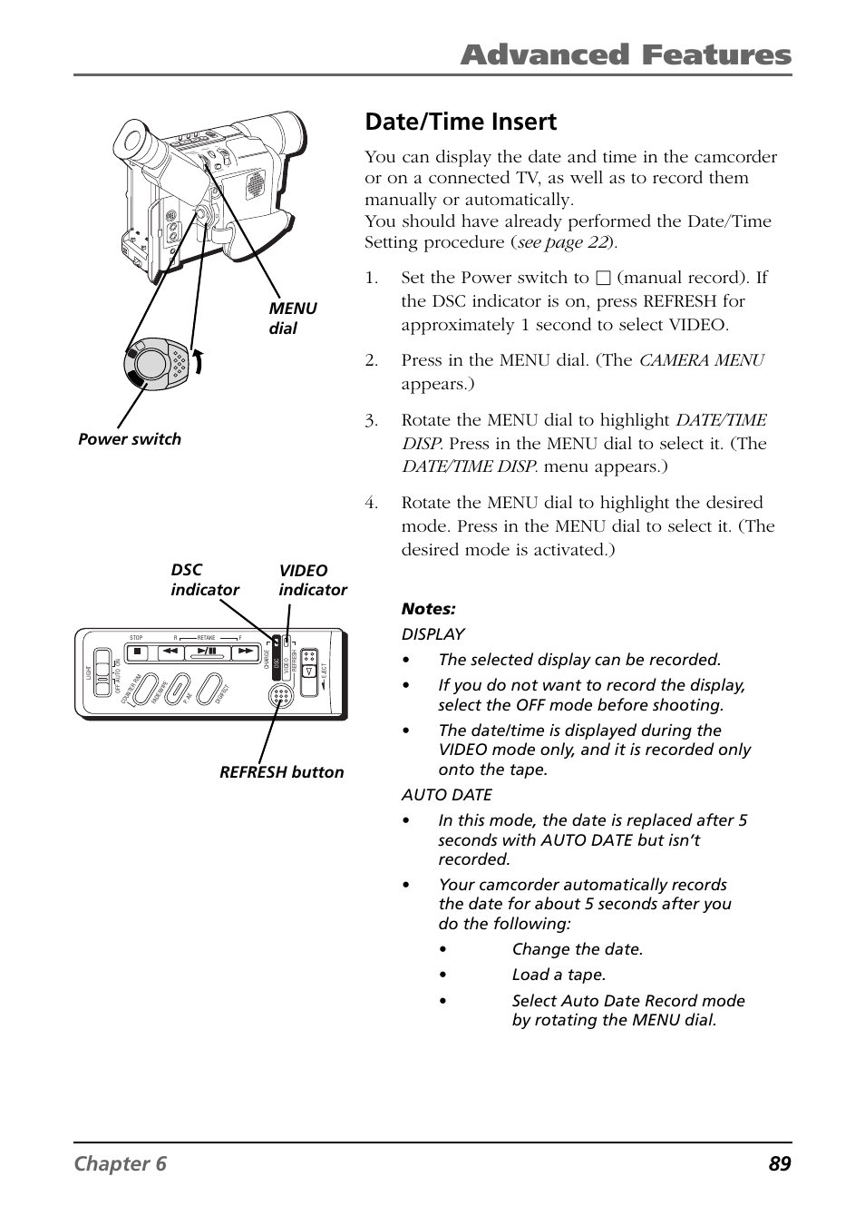 Date/time insert, Advanced features, Chapter 6 89 | Video indicator power switch, Dsc indicator menu dial refresh button | RCA CC6394 User Manual | Page 91 / 128