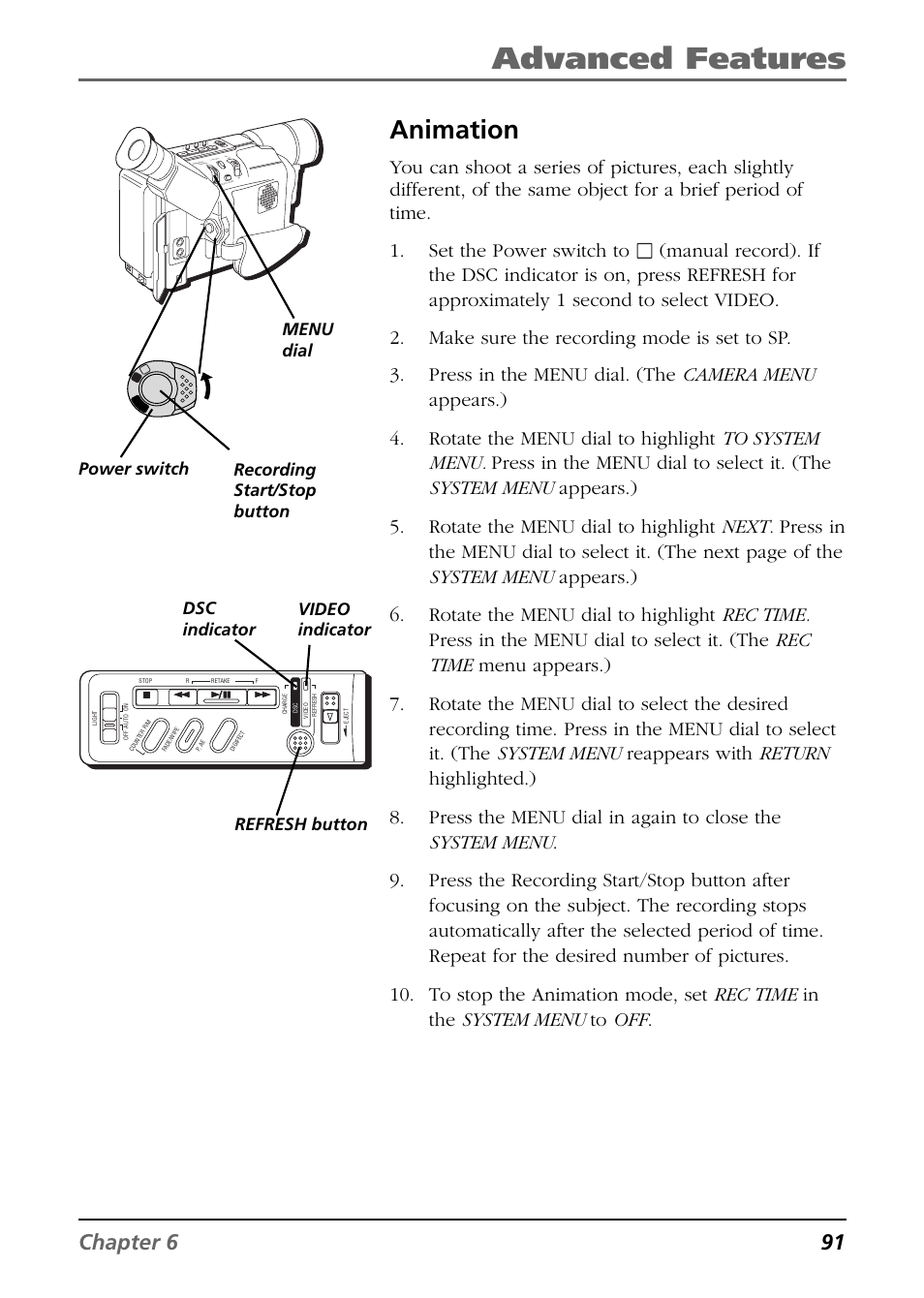 Animation, Advanced features, Chapter 6 91 | Menu dial recording start/stop button | RCA CC6394 User Manual | Page 93 / 128