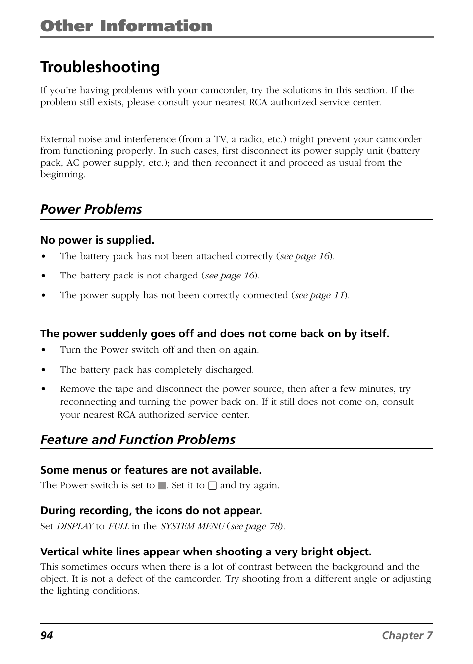 Troubleshooting, Other information, Power problems | Feature and function problems | RCA CC6394 User Manual | Page 96 / 128