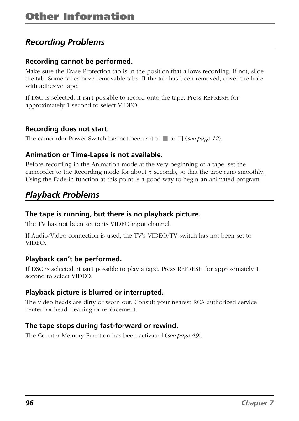 Other information, Recording problems, Playback problems | RCA CC6394 User Manual | Page 98 / 128