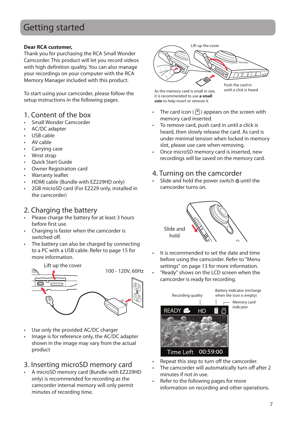 Getting started, Content of the box, Charging the battery | Inserting microsd memory card, Turning on the camcorder | RCA EZ229HD User Manual | Page 7 / 20