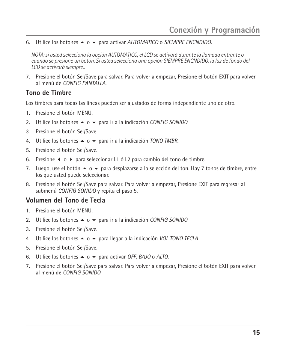 Conexión y programación, Tono de timbre, Volumen del tono de tecla | RCA 25205 User Manual | Page 16 / 96
