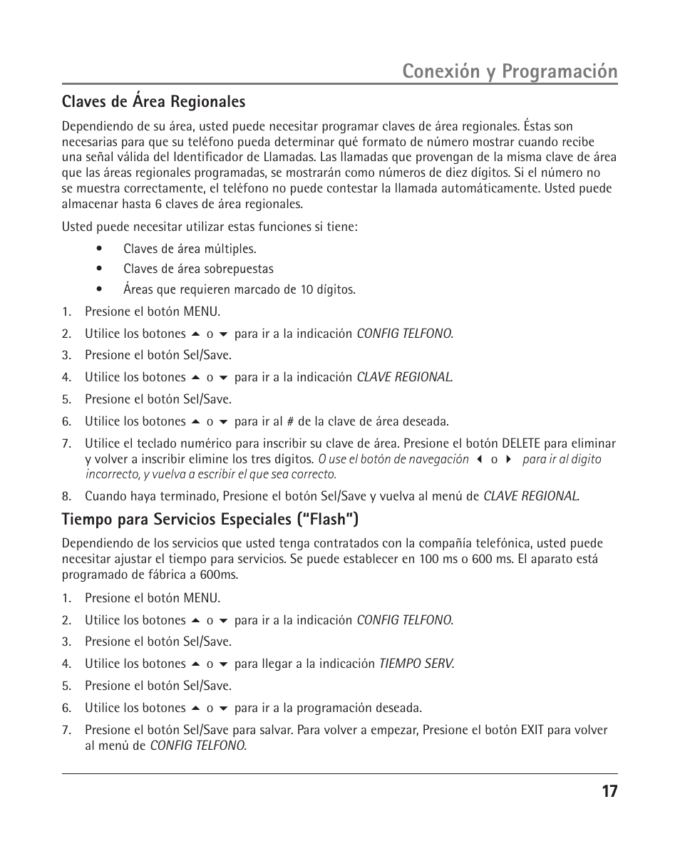 Conexión y programación, 1 claves de área regionales, Tiempo para servicios especiales (“flash”) | RCA 25205 User Manual | Page 18 / 96