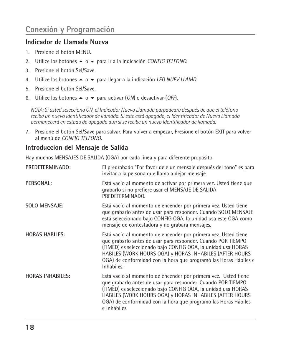 Conexión y programación, Indicador de llamada nueva, Introduccion del mensaje de salida | RCA 25205 User Manual | Page 19 / 96