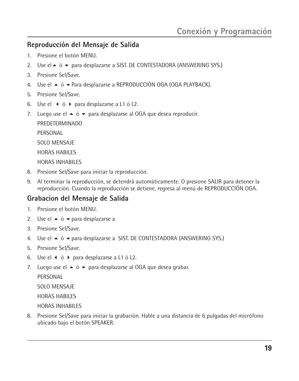 Conexión y programación, 1 reproducción del mensaje de salida, Grabacion del mensaje de salida | RCA 25205 User Manual | Page 20 / 96