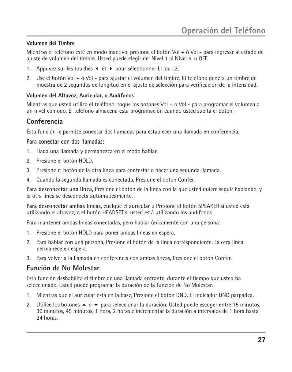 Operación del teléfono, Conferencia, Función de no molestar | RCA 25205 User Manual | Page 28 / 96