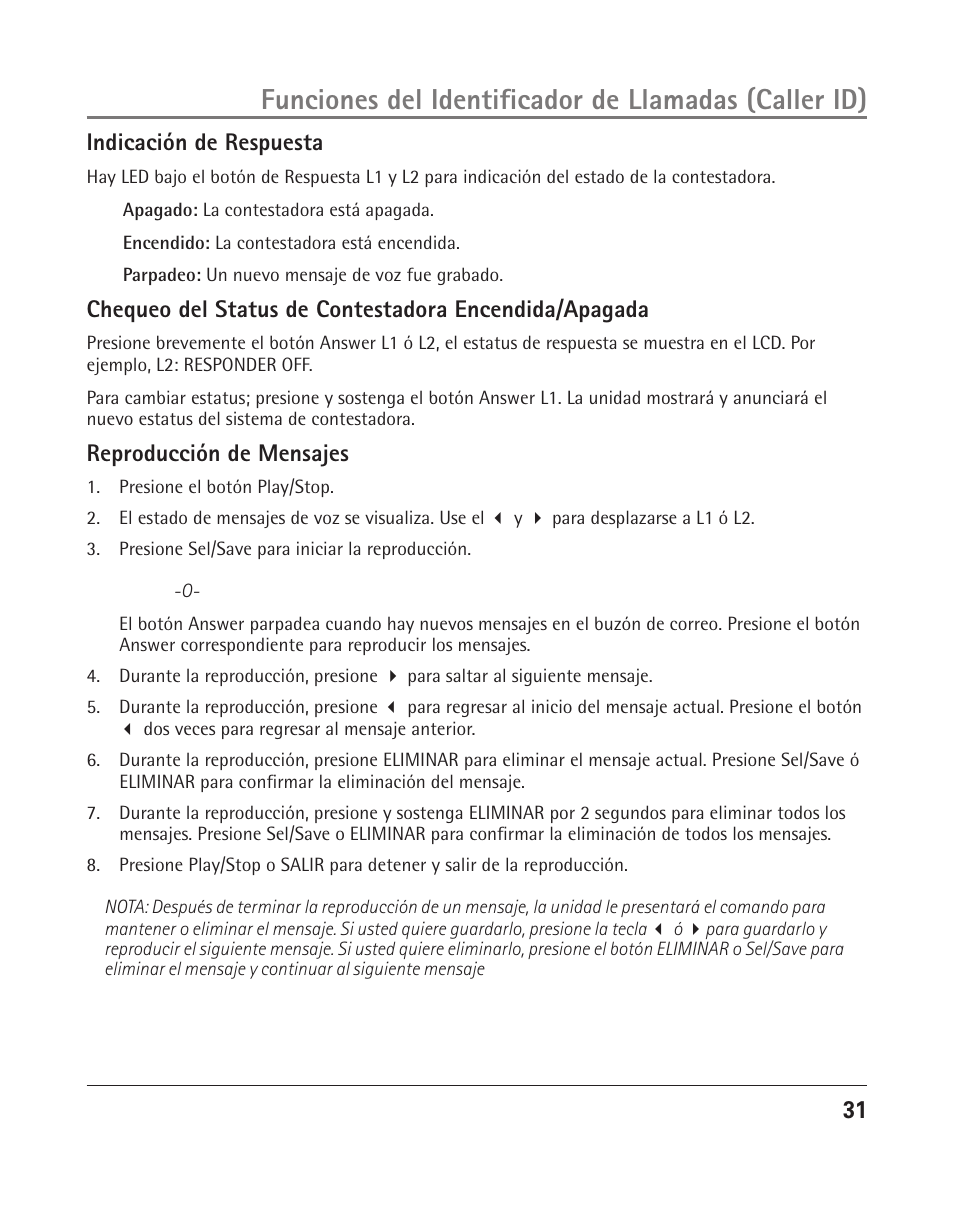 1 indicación de respuesta, Reproducción de mensajes | RCA 25205 User Manual | Page 32 / 96