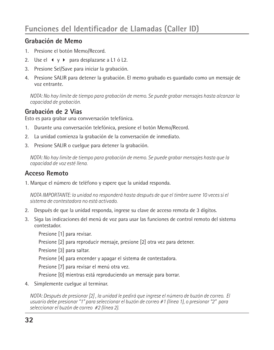 Grabación de 2 vias, Acceso remoto | RCA 25205 User Manual | Page 33 / 96