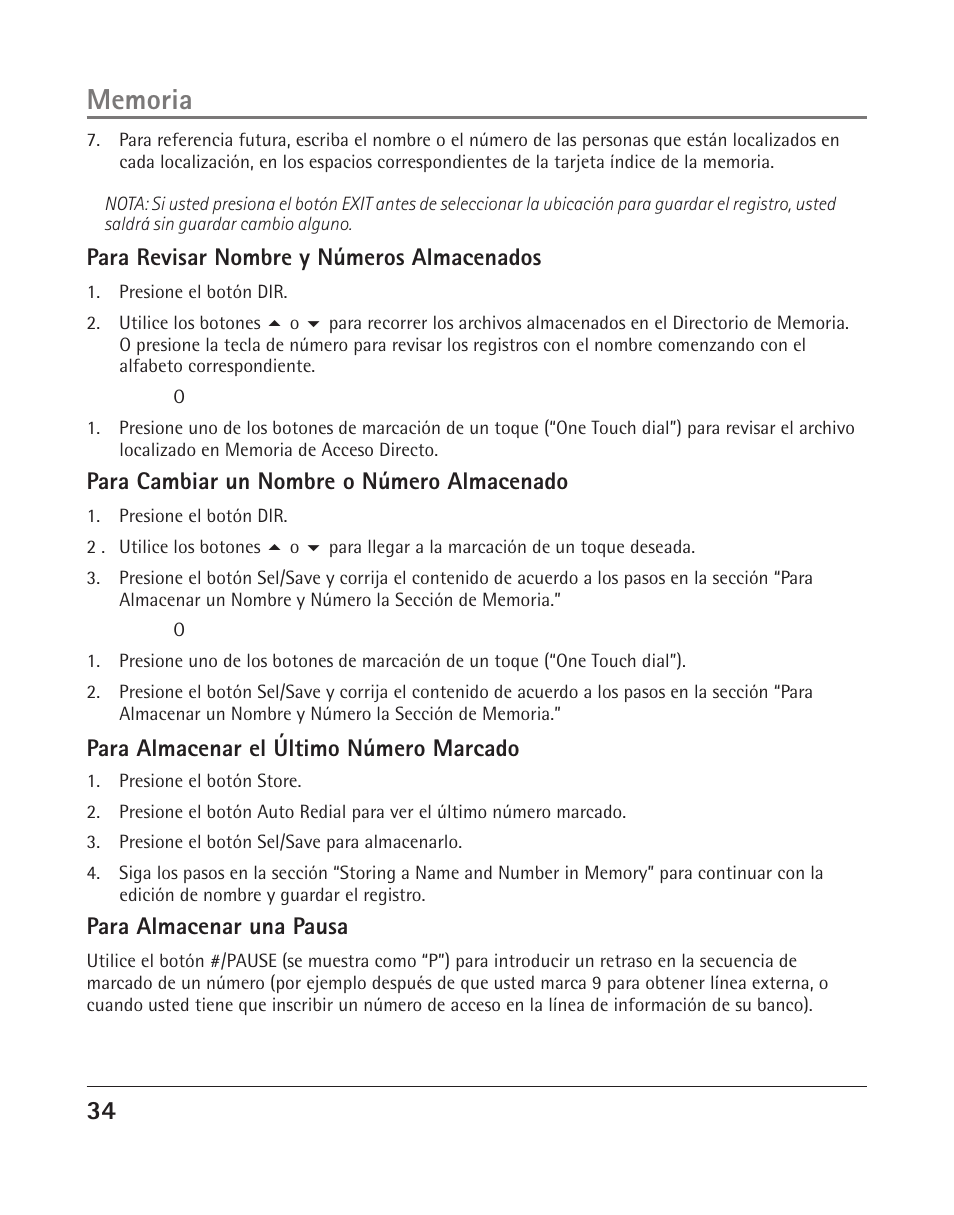 Para revisar nombre y números almacenados, Para cambiar un nombre o número almacenado, Para almacenar el último número marcado | Para almacenar una pausa | RCA 25205 User Manual | Page 35 / 96
