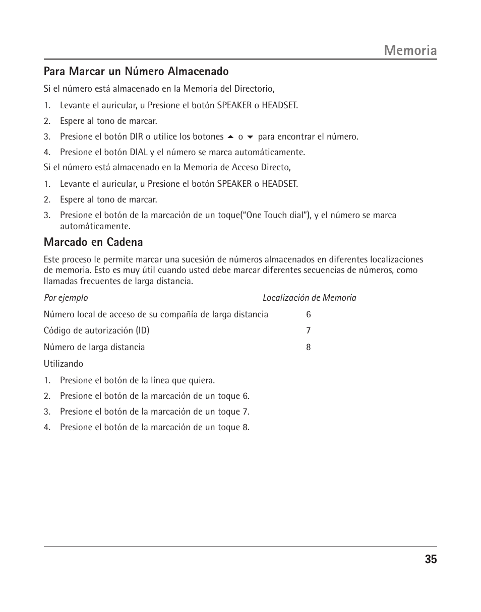 Para marcar un número almacenado, Marcado en cadena | RCA 25205 User Manual | Page 36 / 96
