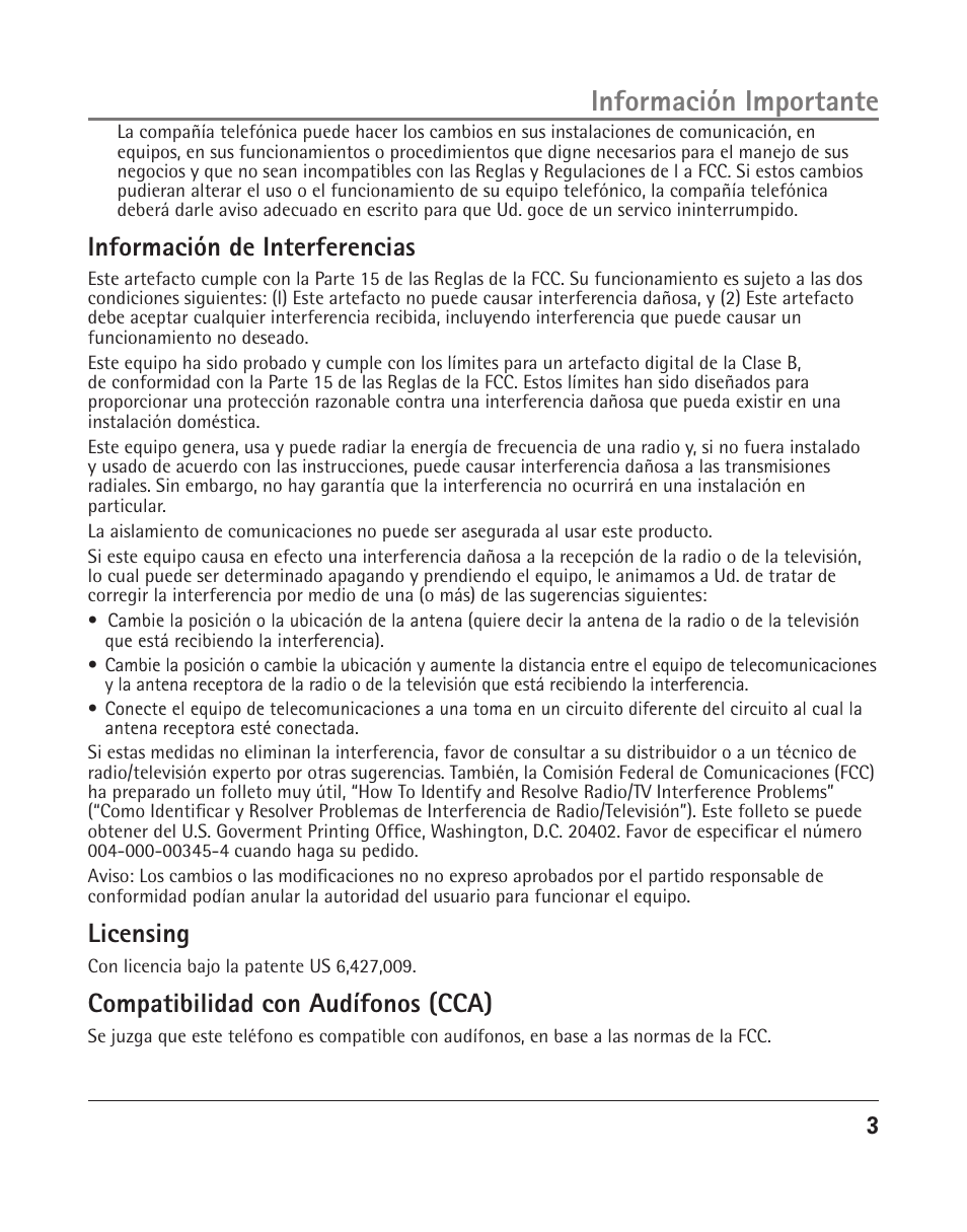 Información importante, Información de interferencias, Licensing | Compatibilidad con audífonos (cca) | RCA 25205 User Manual | Page 4 / 96