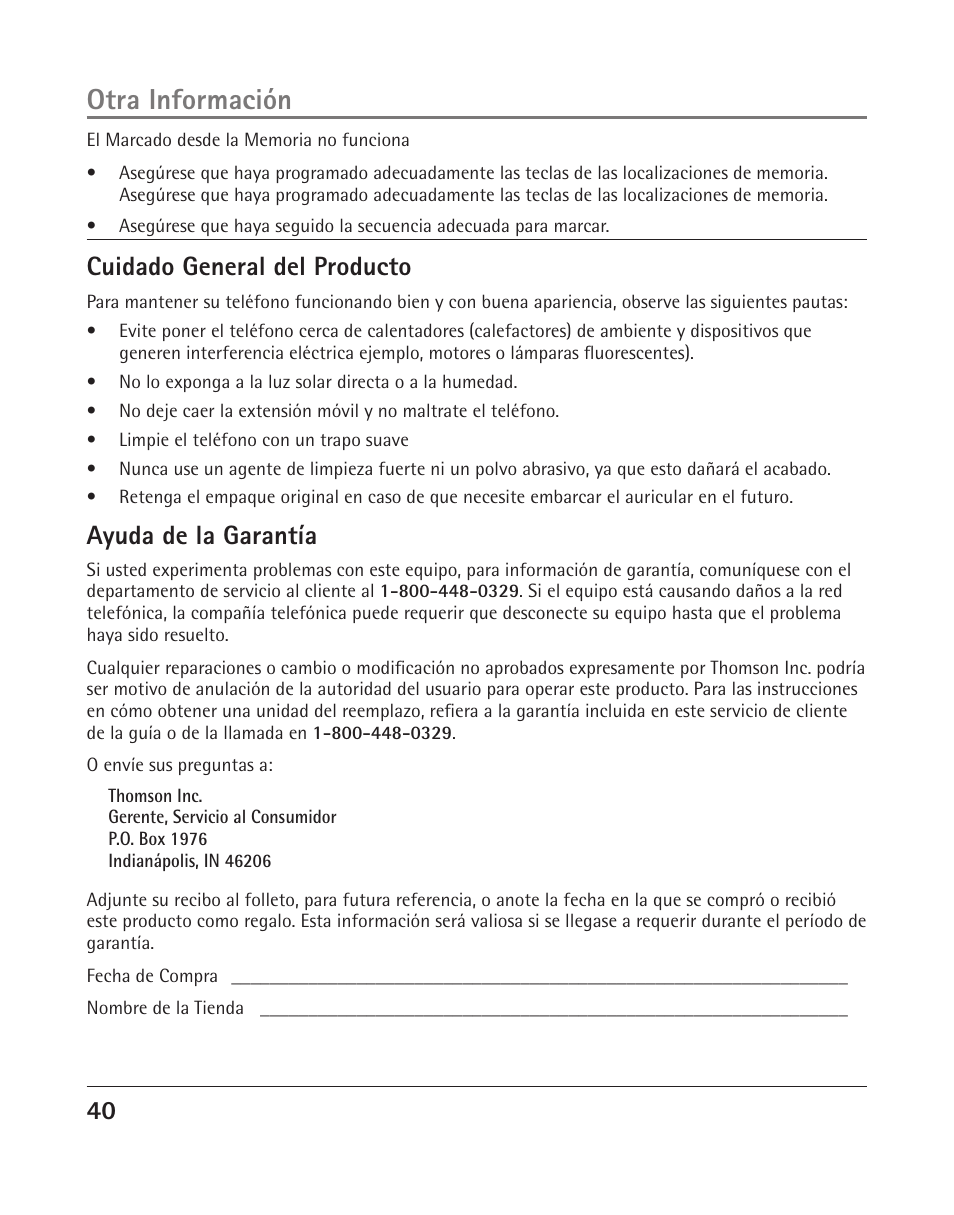 Otra información, Cuidado general del producto, Ayuda de la garantía | RCA 25205 User Manual | Page 41 / 96